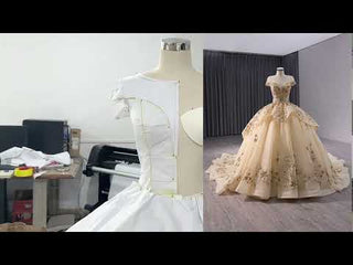 Gold Star Ruffle Wedding Dress with Cap Sleeve Quinceanera Gown