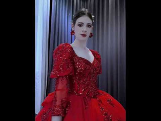 Vintage Luxury Red Wedding Dress Sparkly Lantern Long Sleeve Ball Gown