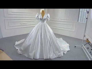 Modest Ball Gown Half Puff Sleeve Satin Wedding Dress with Vneck