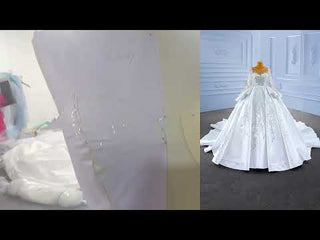 Vintage Layered Royal Satin Wedding Dress with Long Sleeves