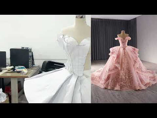 Off the Shoulder Blush Ruffle Wedding Dress with Detachable Overskirt