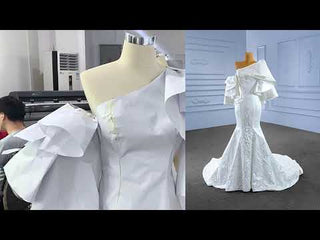 Vintage Satin Mermaid One Shoulder Wedding Dress with Ruffle Sleeves