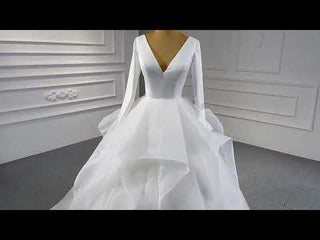 Long Sleeve Ruffled V-neck Ball Gown Tulle Wedding Dress