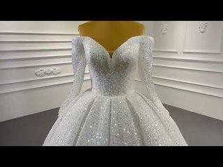 Luxury Beaded Sparkly Wedding Dress with Off the Shoulder Long Sleeve