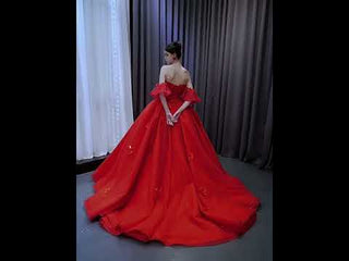 Luxury Red Wedding Gown 3D Flower Quince Dress with Detachable Sleeve