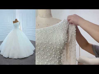 Beaded Pearls Ball Gown Wedding Dress with One Shoulder Long Sleeve