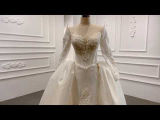 Overskirt Lace Appliqued Satin Wedding Dress with Long Sleeves