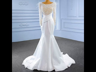 Elegant Mermaid Satin Wedding Dress Pearl Beaded Long Sleeve Bridal Dress