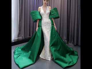 V-neck Halter Green Satin Mermaid Wedding Dress Formal Gown