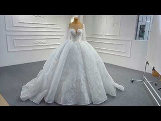 Beaded Long Sleeve Wedding Gown Luxury Sparkly Bridal Dress