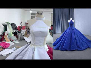 Royal Blue Beaded Lace Wedding Gown Halter Neck Quinceanera Dress