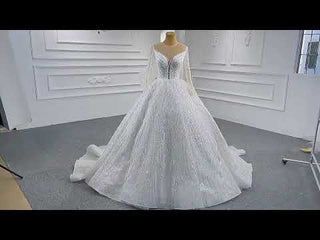 Luxury Beaded Sparkly Puffy Wedding Dress with Long Sleeves