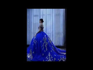 Royal Blue High-end Off the Shoulder Puffy Quinceanera Dress with Spaghetti Straps