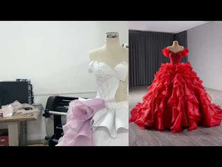 Ruffle Red Quinceanera Dress Sequined Evening Gown with Off the Shoulder