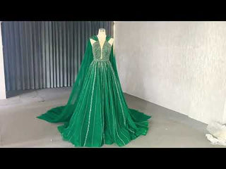 Sparkly Green Tulle Wedding Dress Formal Pageant Dress with Long Cape