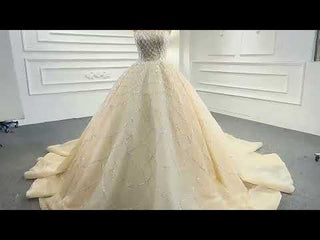 Strapless Beaded Champagne Ball Gown Wedding Dress