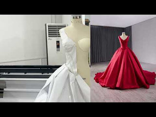 Ball Gown Satin Red Wedding Dress Formal Prom Gown with Double V