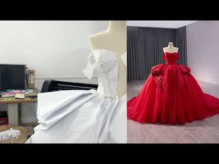 Red Sparkly Wedding Gown with Overskirt Off Shoulder Quinceanera Dress