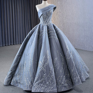 Unique Gray Ball Gown Formal Gown Prom Dress with One Shoulder