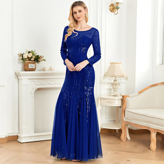 Sequins Long Sleeves Round Neck Slim Fit Mermaid Formal Evening Dress