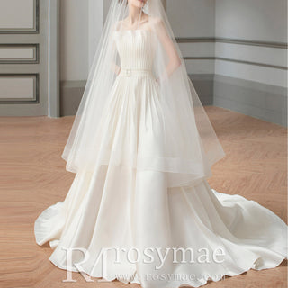 Strapless Satin Ruched A-line Wedding Dress With Wiastband