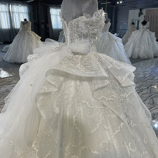 Luxury Puffy Ruffle Skirt Ball Gown Sparkly Wedding Dress
