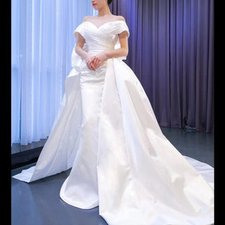 Off the Shoulder Sheath Satin Overskirt Wedding Dress with Vneck