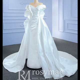 Off the Shoulder Sheath Satin Overskirt Wedding Dress with Vneck