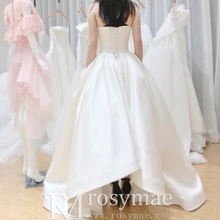 Low Front and Back A-line Satin Wedding Dress with Pocket