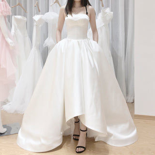 Low Front and Back A-line Satin Wedding Dress with Pocket