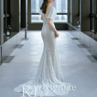 Puffy Half Sleeve Sequined Wedding Dress Formal Gowns for Women