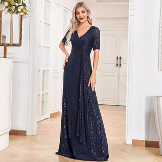 Modest Short Sleeves Women Formal Evening Gown Sequin Prom Dress