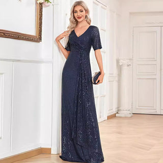 Modest Short Sleeves Women Formal Evening Gown Sequin Prom Dress