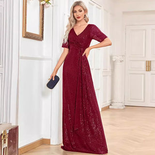 Modest Short Sleeves Women Formal Evening Gown Sequin Prom Dress