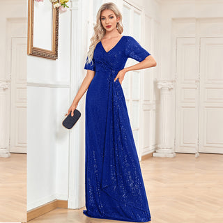 Modest Short Sleeves Women Formal Evening Gown Sequin Prom Dress