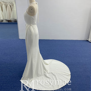 Simple Satin Halter Neckline Wedding Dress with Leg Slit