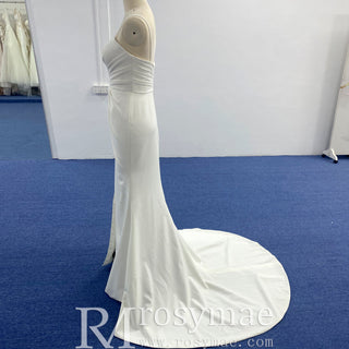 Spaghetti Strap Simple Satin Mermaid Wedding Dress with Leg Slit