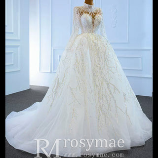 Sparkly High Neck Ball Gown Long Sleeves Wedding Dress with Keyhole