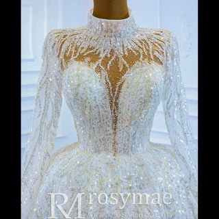 Sparkly High Neck Ball Gown Long Sleeves Wedding Dress with Keyhole