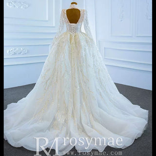 Sparkly High Neck Ball Gown Long Sleeves Wedding Dress with Keyhole