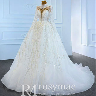 Sparkly High Neck Ball Gown Long Sleeves Wedding Dress with Keyhole