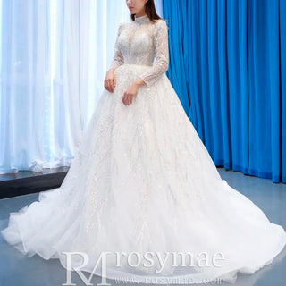 Sparkly High Neck Ball Gown Long Sleeves Wedding Dress with Keyhole