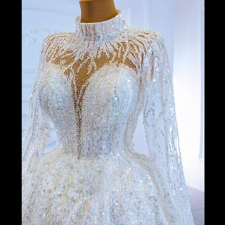 Sparkly High Neck Ball Gown Long Sleeves Wedding Dress with Keyhole