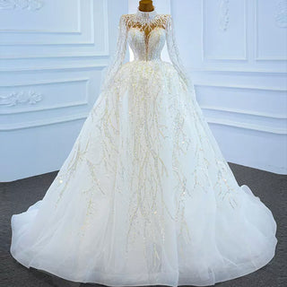 Sparkly High Neck Ball Gown Long Sleeves Wedding Dress with Keyhole