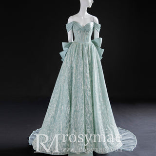 Light Green Sparkly Evening Dress Party Gown with Off Shoulder Sleeves