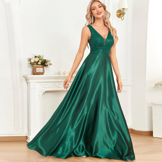 Long Maxi Dress Formal Prom Gown With V-Neckline And Pockets