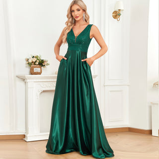 Long Maxi Dress Formal Prom Gown With V-Neckline And Pockets