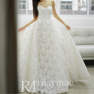 Strapless A-line Floral Lace Wedding Dress with Sweetheat Neck