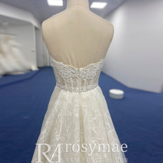 Robe de mariée trapèze sans bretelles en tulle et dentelle superposée avec corsage transparent