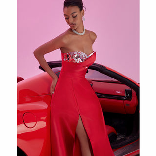 red prom dress with leg slit